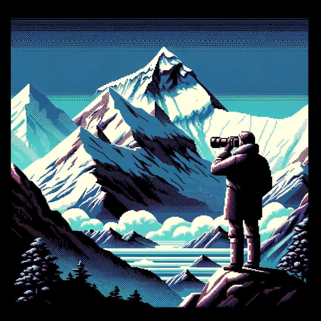 someone gazing at Mount Everest, old computer game graphics